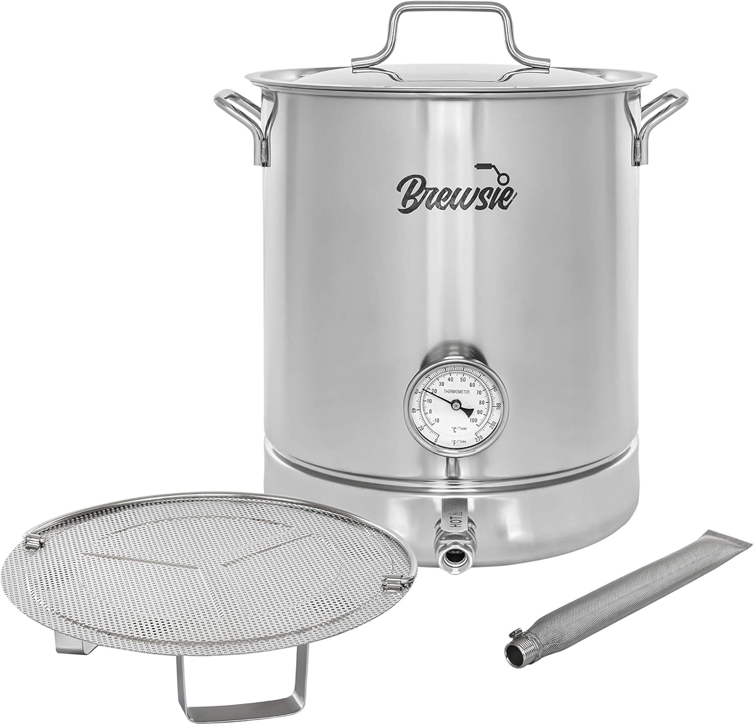BREWSIE Stainless Steel Home Brew Kettle w/Dual Filtration, False Bottom, Thermometer, Ball Valve (8 Gal/32 QT)